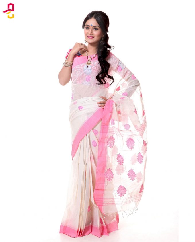 Mercerized Muslin Cotton Handwork Tangail Saree By